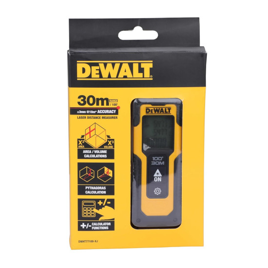 Dewalt Laser Distance Meter DWHT77100 (0.2 to 30 m Range, Laser Class 2, Measurement Tolerance: +/- 3 mm / 10 m, Length, Areas, Volume & Pythagoras Measurements, Easy Operation)