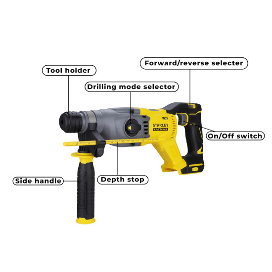 STANLEY FATMAX SBH900-B1 20V, Variable Speed Switch, 1500 RPM, 20 mm Cordless Brushless SDS Rotary Hammer (Bare Tool)