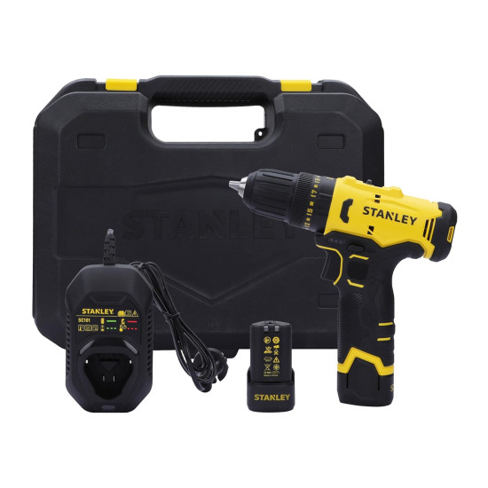 STANLEY SCH10D2K-IN(12 V)Brushed Cordless Hammer Drill Driver,2x2Ah Batteries&1.5A Charger,LED Light,Variable Speed Trigger Switch,Forward/Reverse Button,10mm Chuck,Clutch Setting 20+1,1 Year Warranty