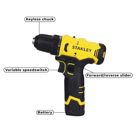 STANLEY SCD10D2K-IN(12 V) Brushed Cordless Drill Driver, 2x2Ah Batteries & 1.5A Charger, LED light, Variable Speed Trigger Switch, Forward/Reverse Button,10mm Chuck,Clutch Setting 20+3,1 Year Warranty