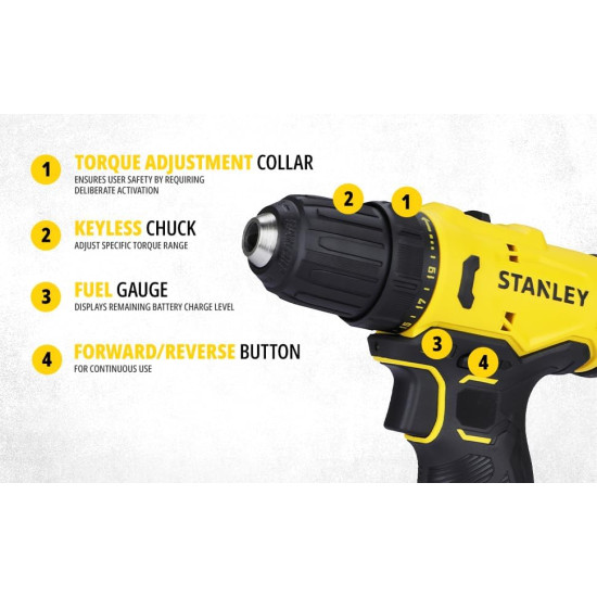 STANLEY SCD10D2K-IN(12 V) Brushed Cordless Drill Driver, 2x2Ah Batteries & 1.5A Charger, LED light, Variable Speed Trigger Switch, Forward/Reverse Button,10mm Chuck,Clutch Setting 20+3,1 Year Warranty