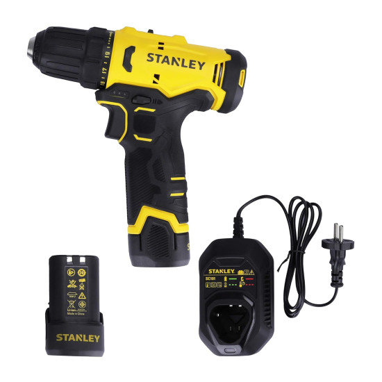 STANLEY SCD10D2K-IN(12 V) Brushed Cordless Drill Driver, 2x2Ah Batteries & 1.5A Charger, LED light, Variable Speed Trigger Switch, Forward/Reverse Button,10mm Chuck,Clutch Setting 20+3,1 Year Warranty