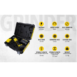 STANLEY FATMAX SCG400M2K-B1 20V 4.0Ah 100mm Cordless Brushed Grinder with 2pcs Batteries & 1pc Charger for Home, Mechanic, Tradesmen & Professional Use, 2 Year Warranty, YELLOW & BLACK