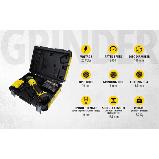 STANLEY FATMAX SCG400M2K-B1 20V 4.0Ah 100mm Cordless Brushed Grinder with 2pcs Batteries & 1pc Charger for Home, Mechanic, Tradesmen & Professional Use, 2 Year Warranty, YELLOW & BLACK