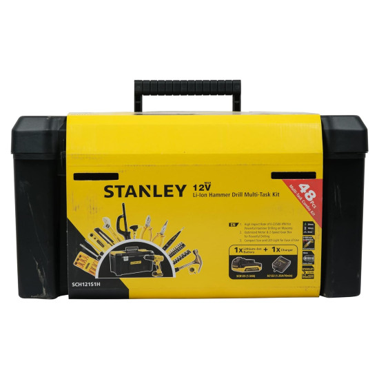 STANLEY SCH12S1H 10.8V,10mm Reversible Cordless Hammer Drill Driver w 1.5 AH Batteries and 48 pc Hand Tools Kit for Home,DIY and Professional use