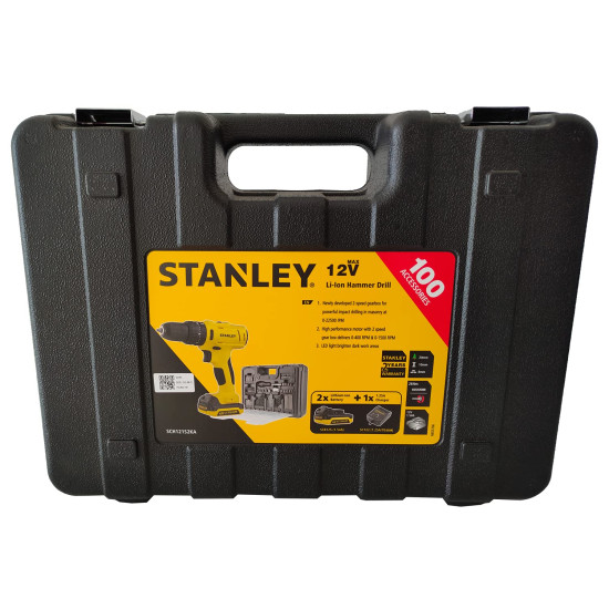 STANLEY SCH12S2KA 10.8V,10mm Reversible Cordless Hammer Drill Driver w 2x1.5 AH Batteries and 100 pc Accessory Kit for Home,DIY and Professional use