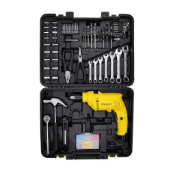 STANLEY SDH550KM-IN 550W 10mm Corded Single Speed Hammer Drill Machine with Mechanical Hand Toolkit (120-Pieces) - Includes Hammer Drill, Measuring Tape, Hammer, 1 Year Warranty, YELLOW & BLACK