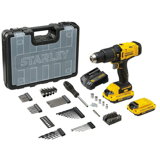STANLEY SDH550KM-IN 550W 10mm Corded Single Speed Hammer Drill Machine with Mechanical Hand Toolkit (120-Pieces) - Includes Hammer Drill, Measuring Tape, Hammer, 1 Year Warranty, YELLOW & BLACK