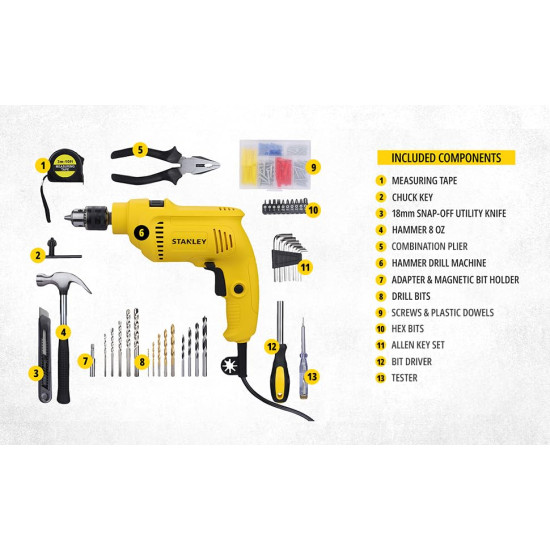 STANLEY SDH550KP 550W 10mm Corded Single Speed Hammer Drill Machine and Hand Tool Kit (120-Pieces) - Includes Hammer Drill, Measurement Tape, Drill Bits, Hammer, 1 Year Warranty, YELLOW & BLACK