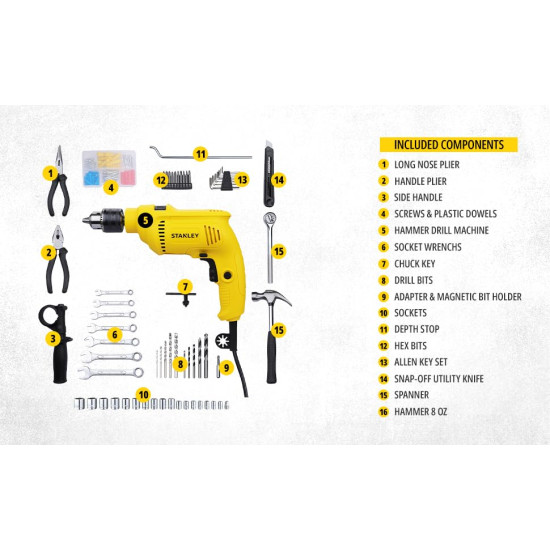 STANLEY SDH600KM-IN 600W 13mm Drill Machine with Mechanical Toolkit for Home, DIY & Professional Use (120-Pieces) - Includes Hammer Drill, Hammer & Measurement Tape, 1 Year Warranty, YELLOW & BLACK