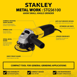 STANLEY SG6100-IN 620W 100mm SLIM Small Angle Grinder (Yellow & Black)