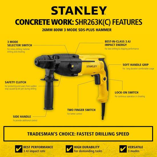 STANLEY SHR263K-IN 800W 26mm 3 Mode SDS-Plus Corded Hammer with Kitbox, 2.6Kg (Yellow & Black)