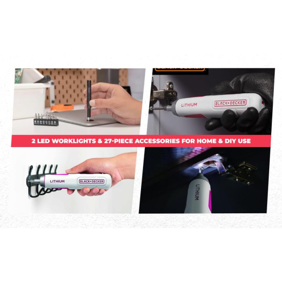 beyond by Black+Decker BD40K27P 4V 6.35mm Li-ion Cordless Screwdriver with E-Clutch and Intelligent Torque System with 2 LED Worklights & 27-Piece Accessories, 1 Year Warranty, Pink & Black