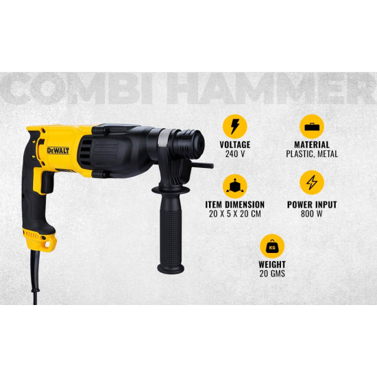 DEWALT D25133K-IN Combi Hammer For Drilling, Hammering & Chipping, 800W 26mm SDS-Plus 3 Mode 2Kg ,2 Year Warranty